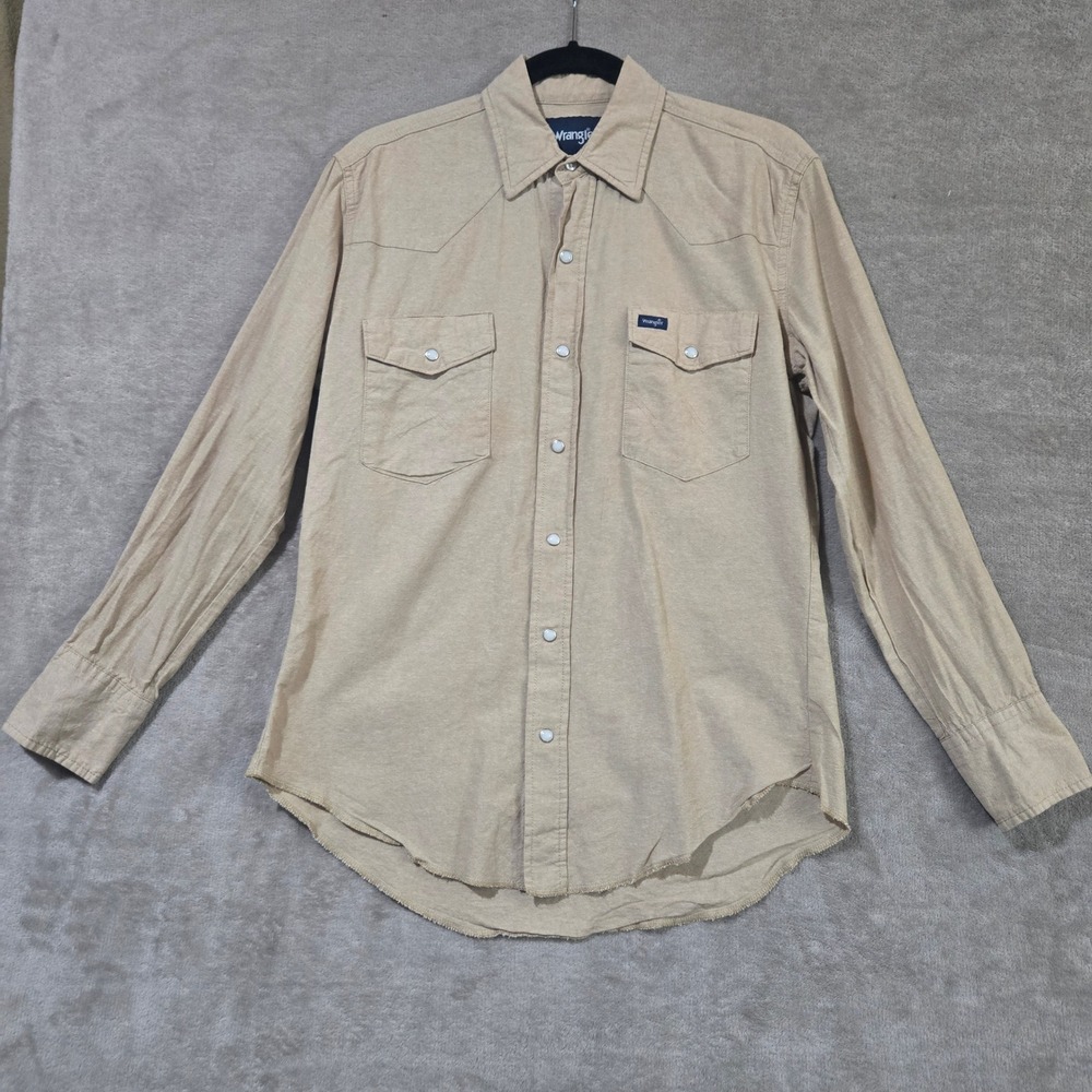Wrangler Western Shirt Mens Medium Tan Pearl Snap Rodeo Cowboy Workwear Ranch
